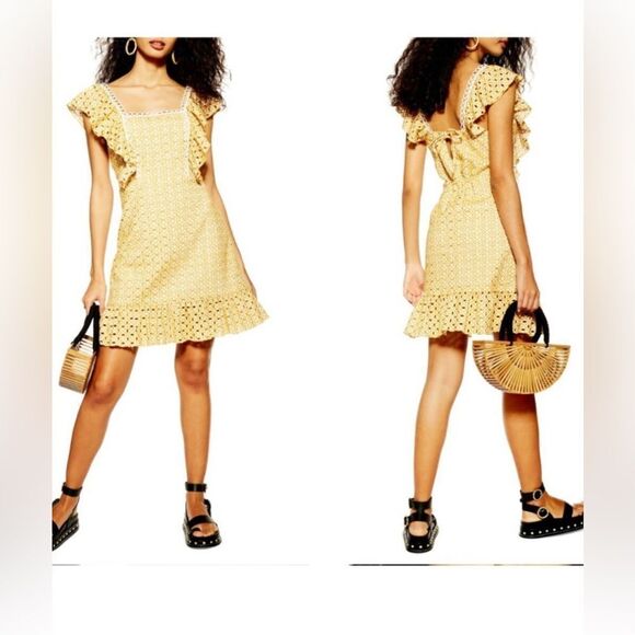 Topshop Dresses & Skirts - Topshop Broderie Eyelet Ruffle Minidress In Mustard Yellow Size 4